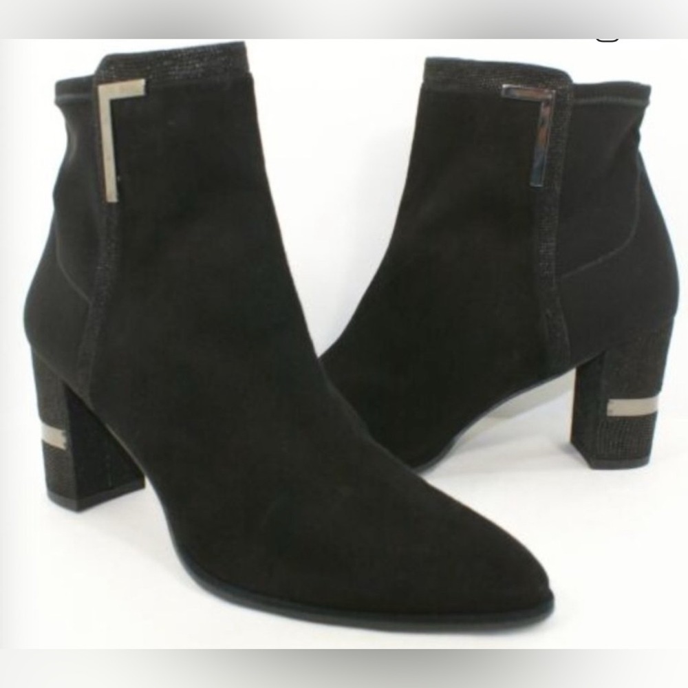 Stuart Weitzman black suede stretch leather block heel ankle boots size 9